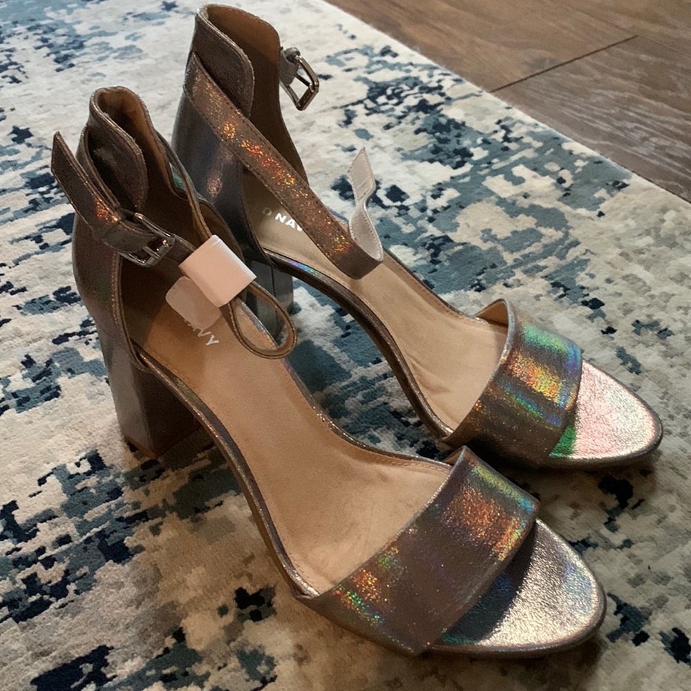 Old Navy Metallic Silver Chunky High Heel Shoes with Ankle Strap